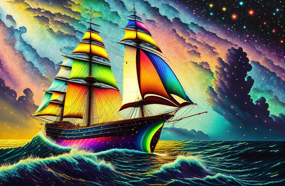 Colorful sailing ship artwork with vibrant skies and stars blending reality and fantasy