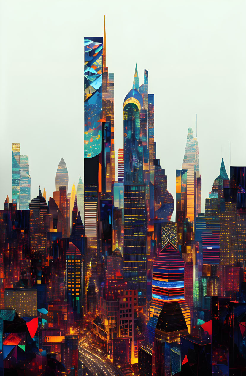 Vibrant surreal cityscape collage with overlapping skyscrapers