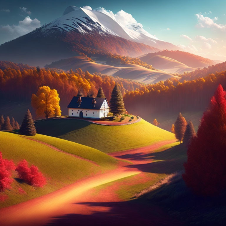 Autumn landscape with lone house, hills, mountains, and vibrant trees