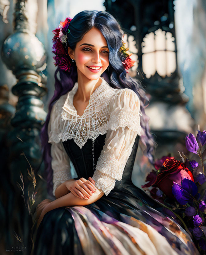 Smiling woman with blue hair in historical dress surrounded by colorful flowers