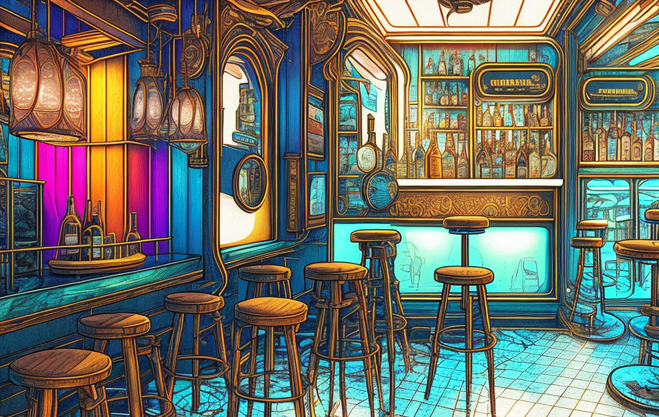 Colorful illustration of a classic bar with stools, ornate lamps, bottles on shelf, and neon