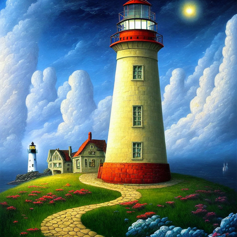 Lighthouse and House Painting with Moonlit Sky