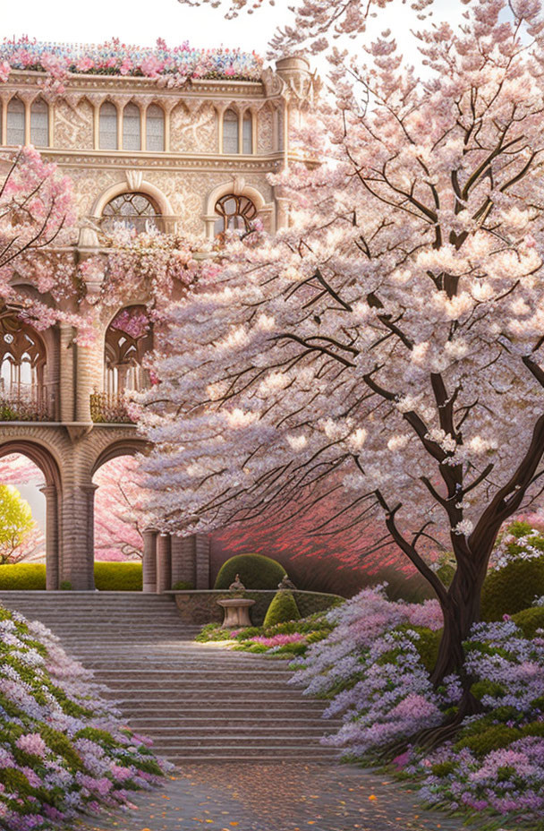 Vintage-style building with stone arches and cherry blossoms in soft light