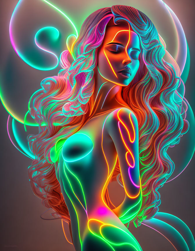 Colorful digital artwork: Woman with neon hair on dark background