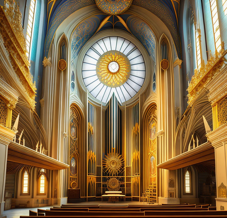 Ornate golden altar and stained glass window in cathedral interior