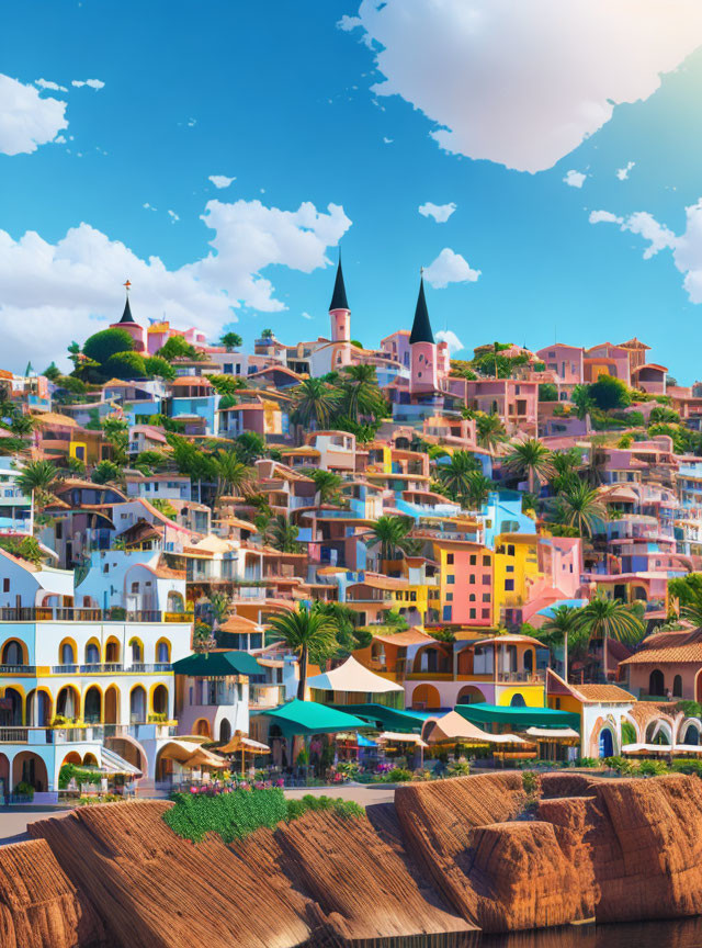 Vibrant hillside town with terracotta roofs and church steeples