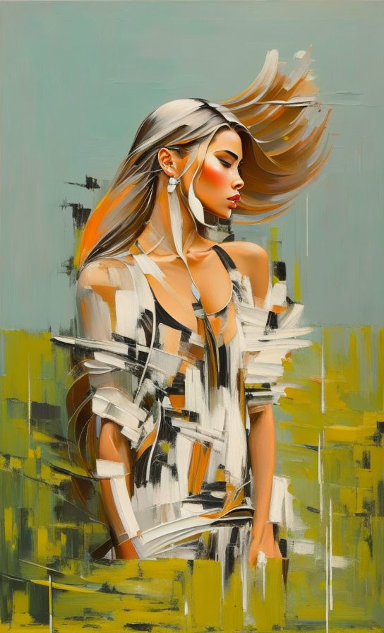 Abstract painting of woman with flowing hair in modern background