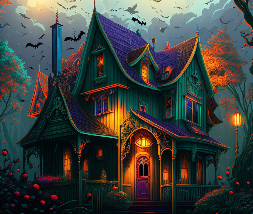 Victorian house at dusk in dark forest with bats and red flowers