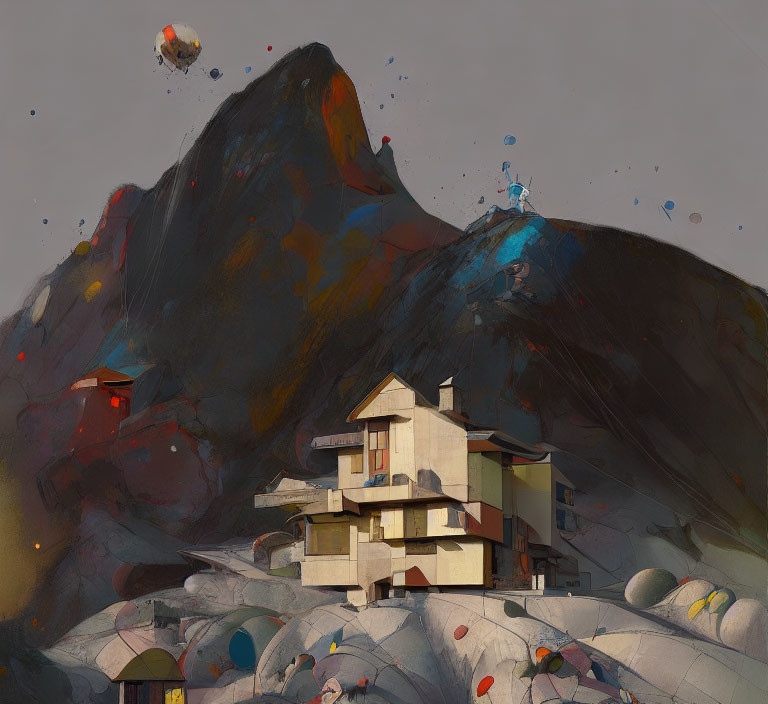 Cubist-inspired house in rocky landscape with balloon under gray sky