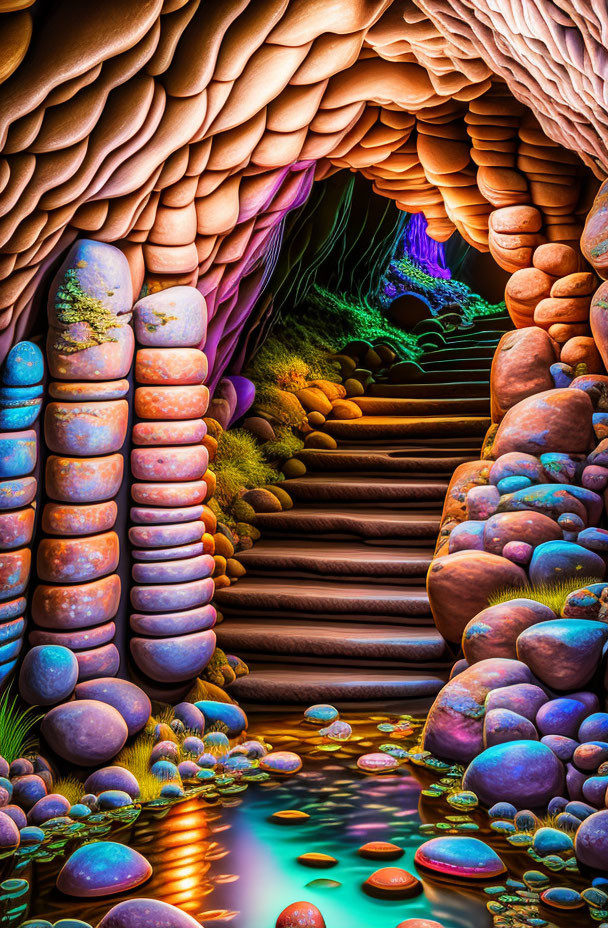 Colorful Cave Entrance with Ethereal Glow and Mystical Pathway