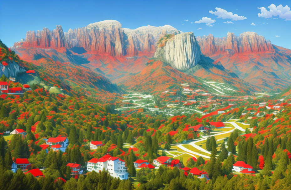 Scenic autumn village with red-roofed houses and snowy mountains