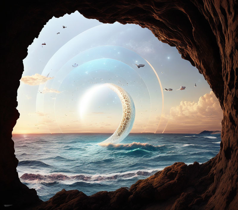 Surreal seascape with crescent moon, birds, and luminescent circles