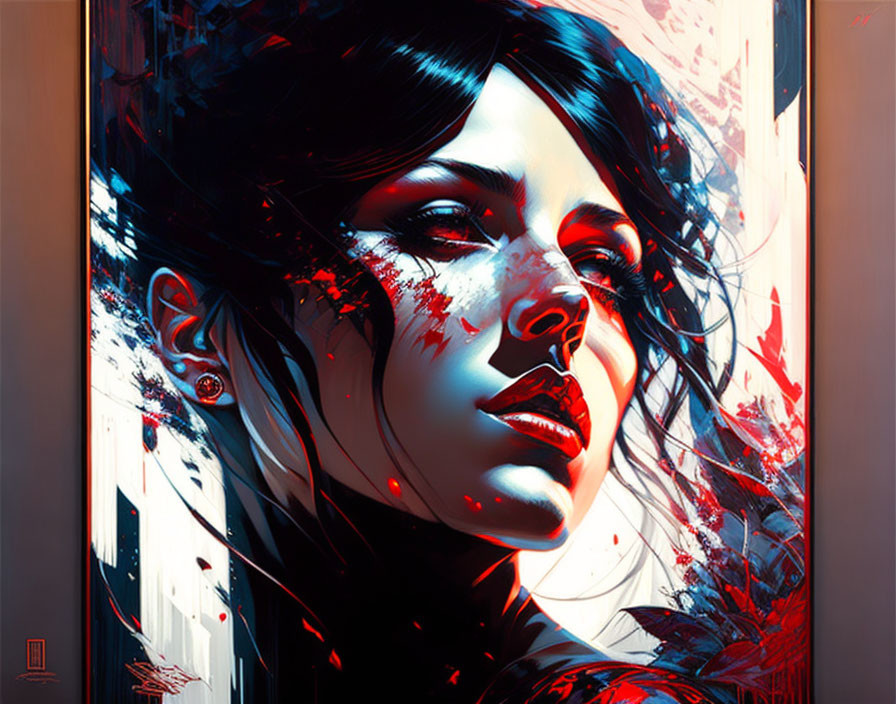 Vivid red accents on dark-haired woman in stylized portrait