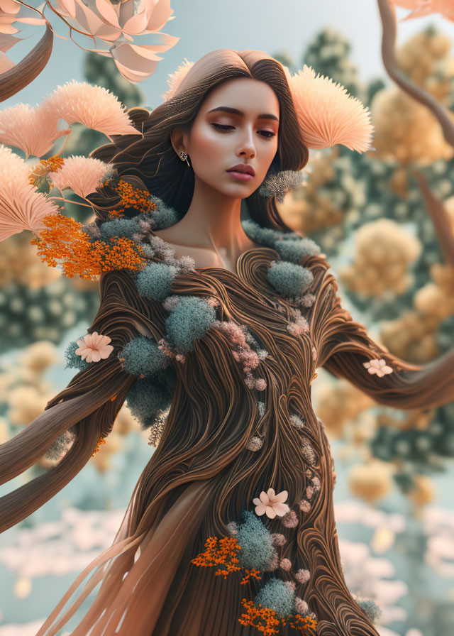 Woman in Wood-Textured Attire Surrounded by Flowers