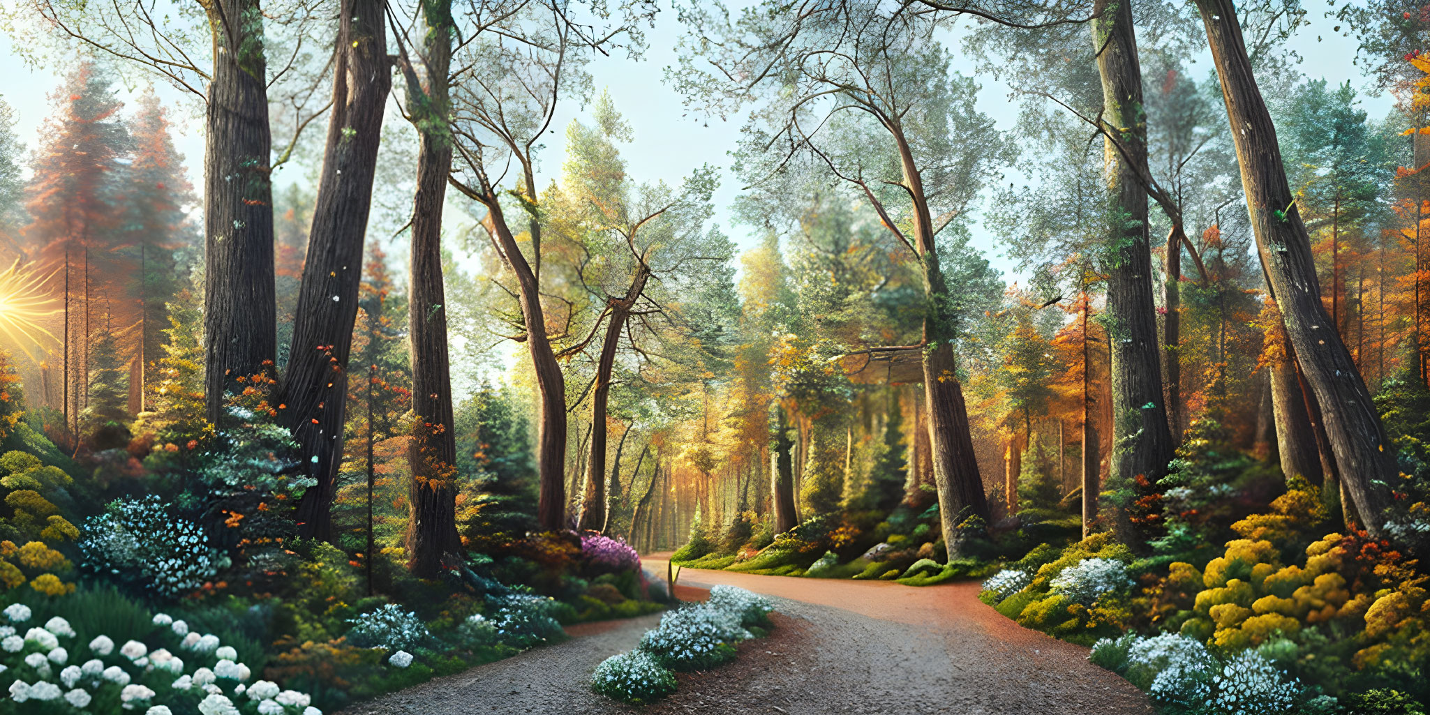 Tranquil forest pathway with lush greenery and vibrant foliage