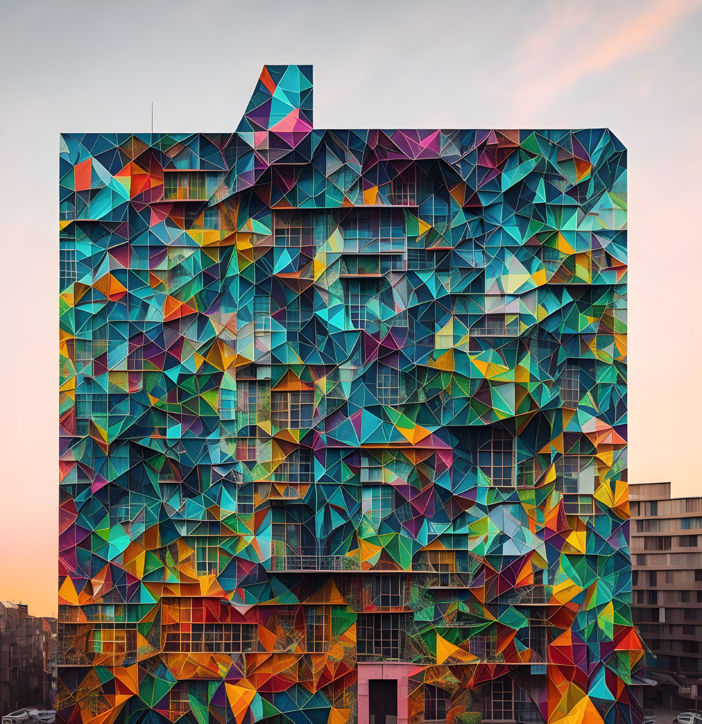 Colorful Geometric Building Facade at Sunset