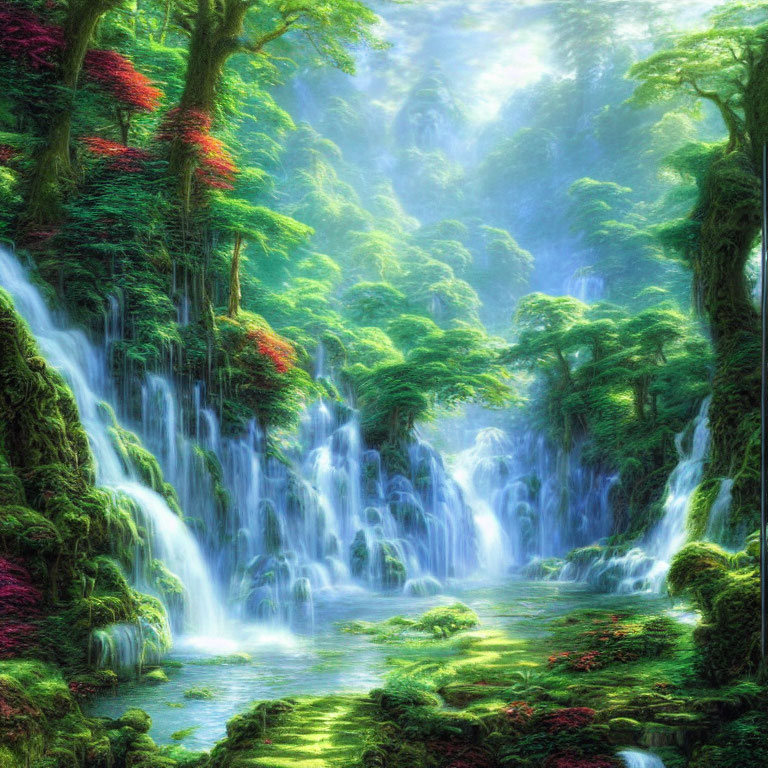 Lush fantasy forest with multiple waterfalls and sunlight filtering through mist