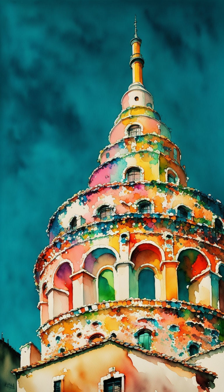 Colorful Watercolor Painting: Multi-Tiered Tower on Teal Sky