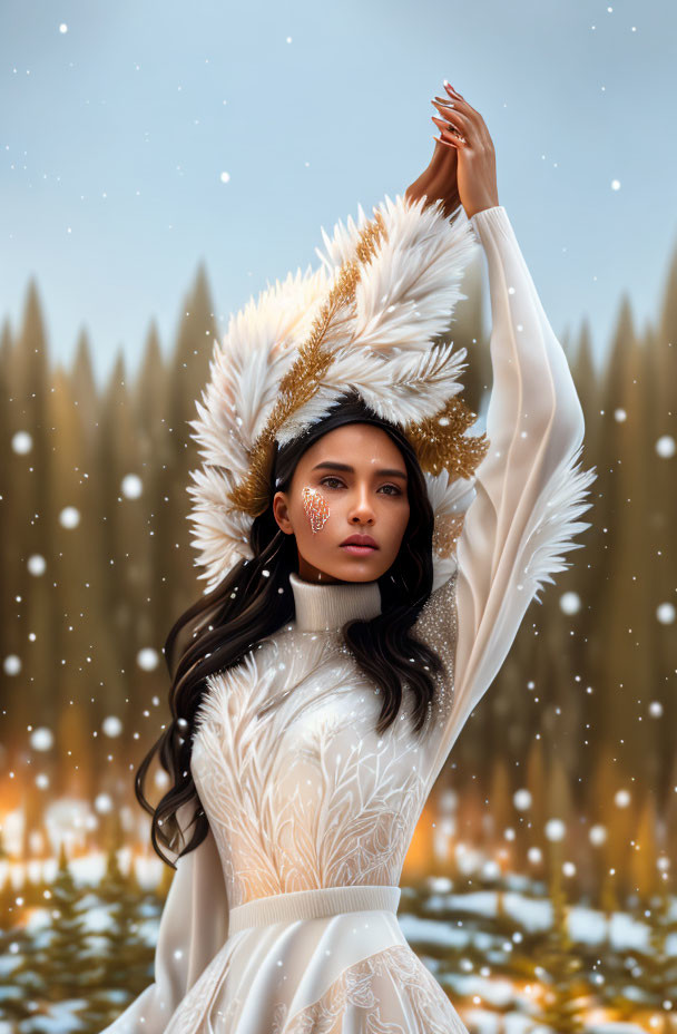 Woman in white dress with feathered headdress in snowy forest