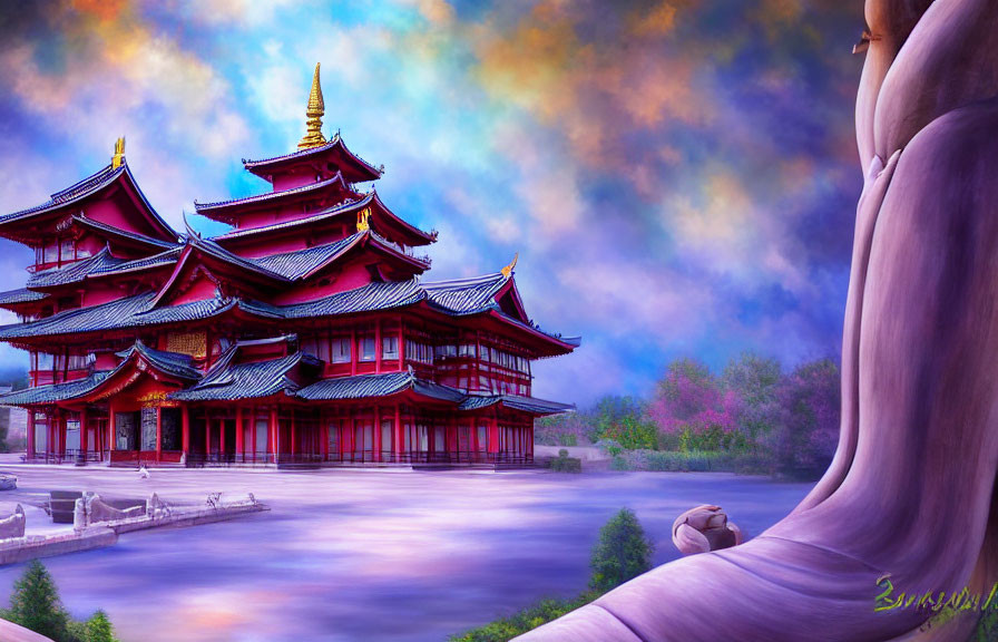 Colorful Illustration of Red and Gold Pagoda with Seated Buddha Figure