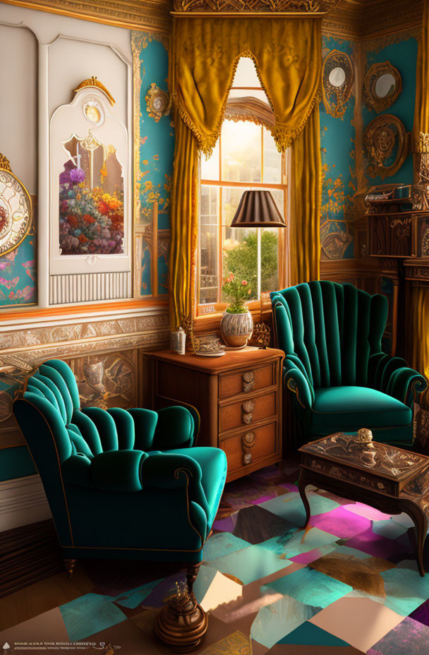 Vintage-styled room with teal armchairs, ornate gold and blue walls, classic writing desk