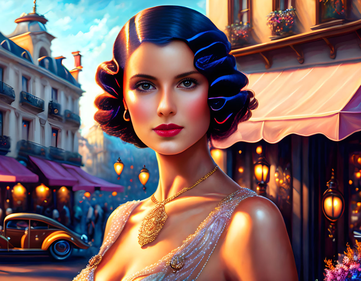 Stylish woman with pearl necklace in vintage street scene