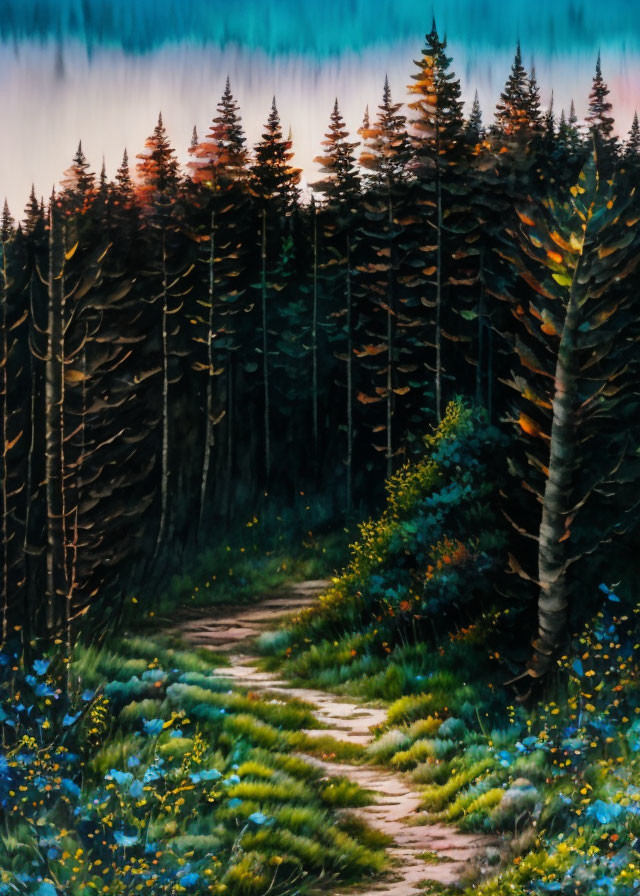 Scenic pine forest path at sunset with lush flora