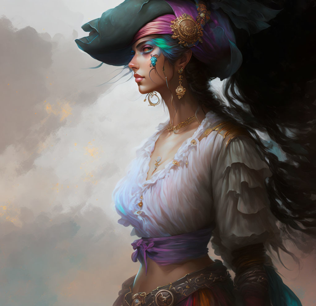 Colorful-haired woman in pirate hat with jewelry in misty setting