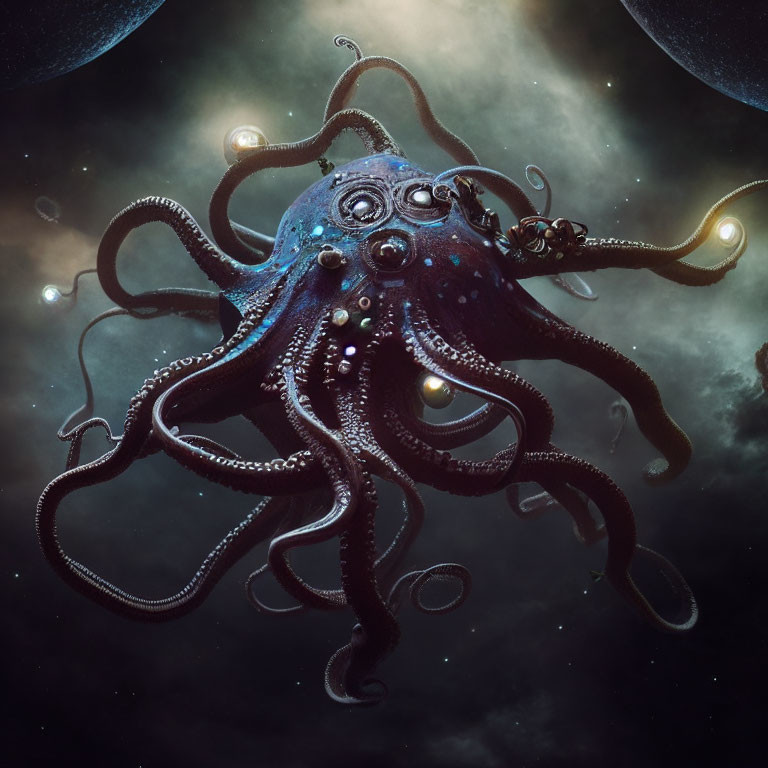 Mystical octopus digital artwork in dark cosmic space