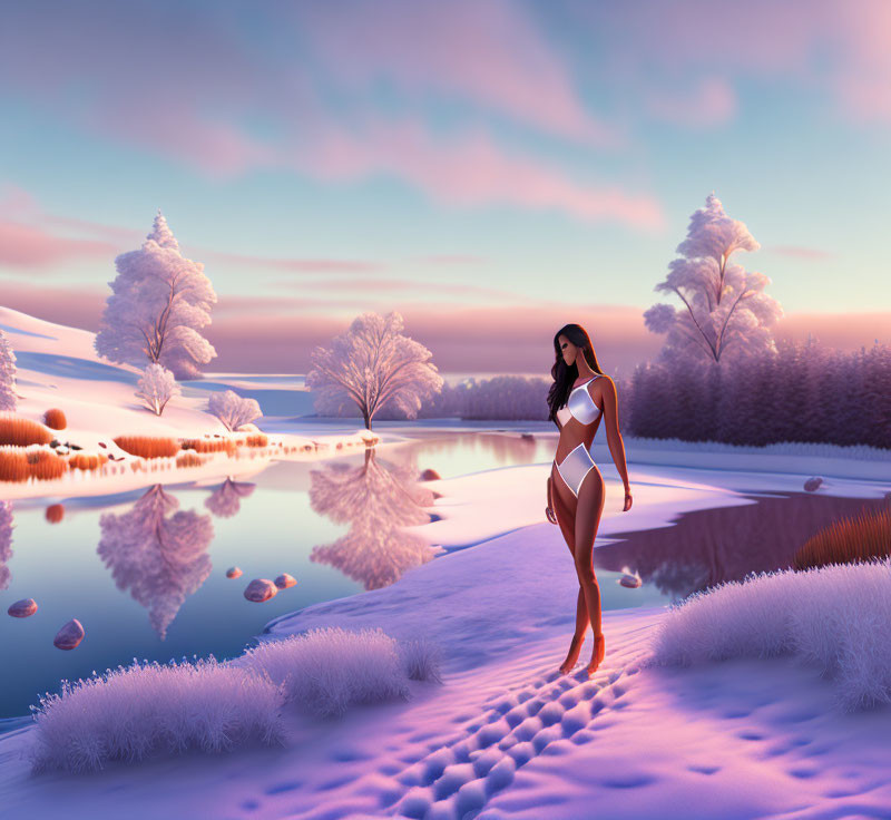 Woman in swimsuit by snowy lakeside at sunrise