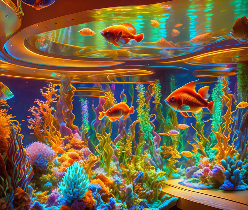 Colorful Aquarium Scene: Orange Fish, Multicolored Corals, Anemones