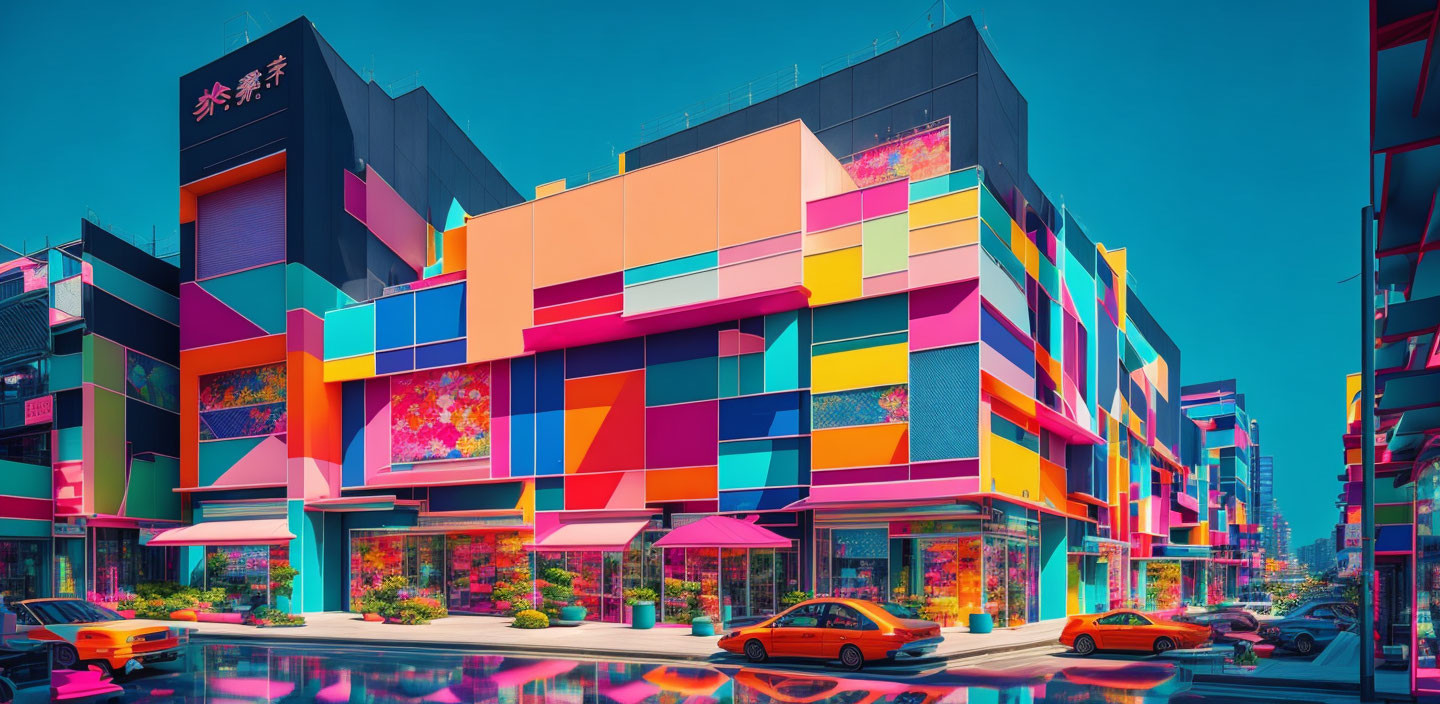 Modern multicolored building in vibrant cityscape.