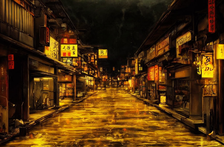 Atmospheric alley with glowing shop signs on wet cobblestones