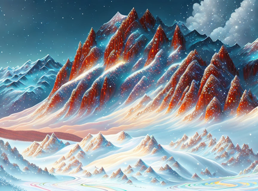 Colorful Starry Mountains in Fantastical Landscape