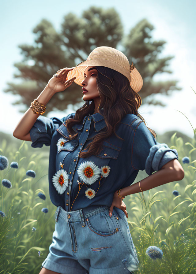 Illustration of woman in denim outfit and straw hat in grassy field