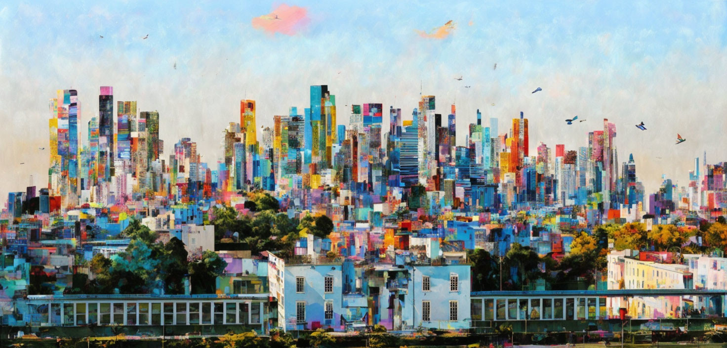 Vibrant cityscape painting with diverse buildings and birds in blue sky