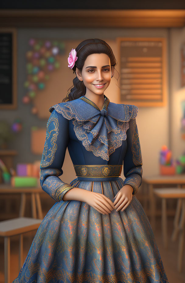 3D rendering of smiling woman in blue and gold dress with flower in hair in classroom