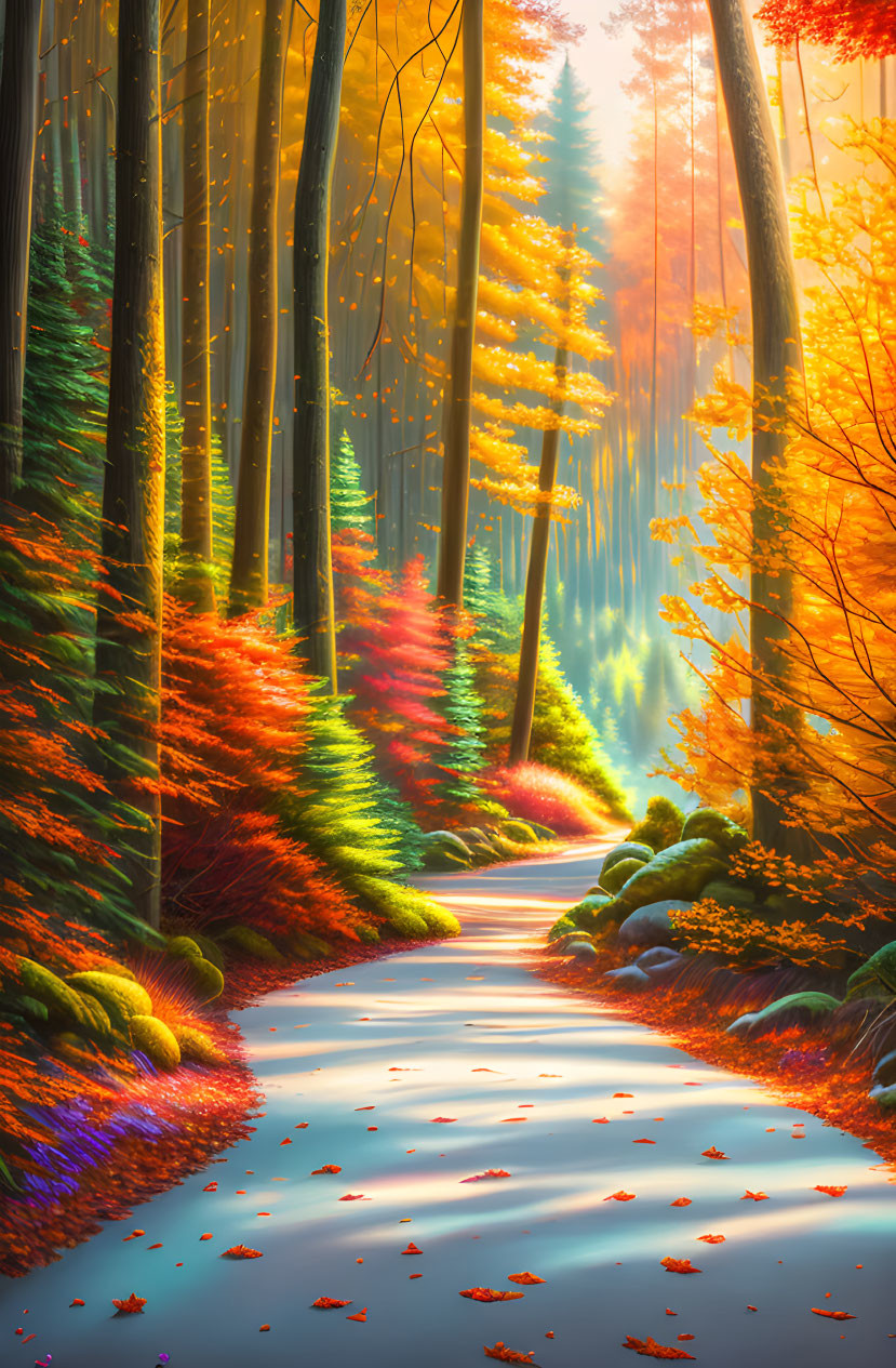 Tranquil Forest Path with Autumn Trees and Sunlight Glow