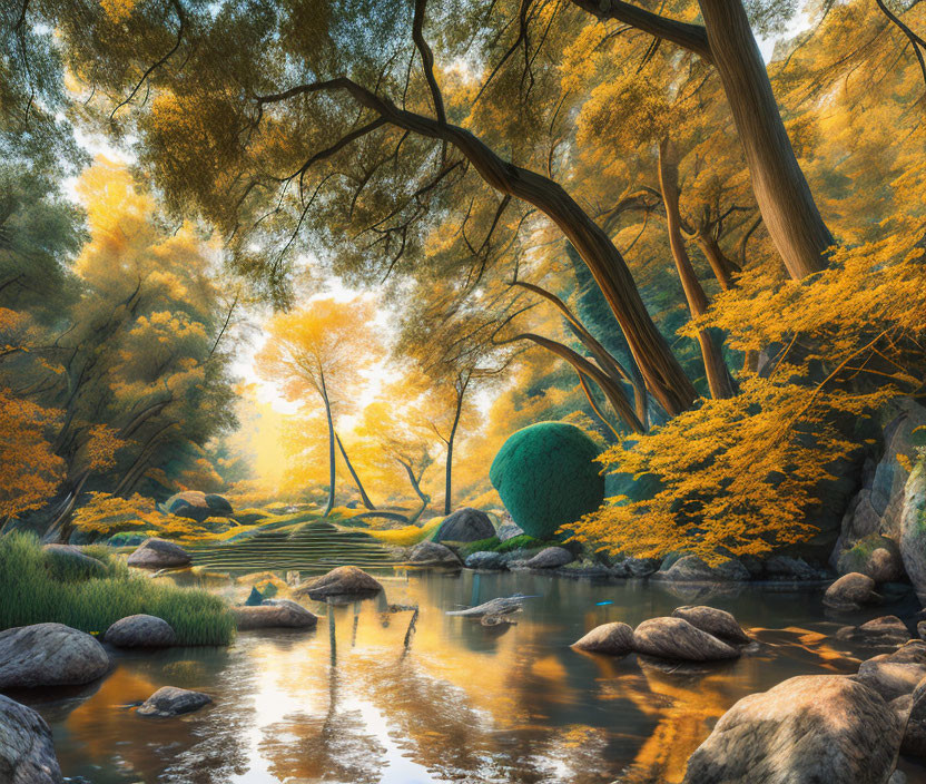 Tranquil forest scene with sunlit stream and colorful autumn trees