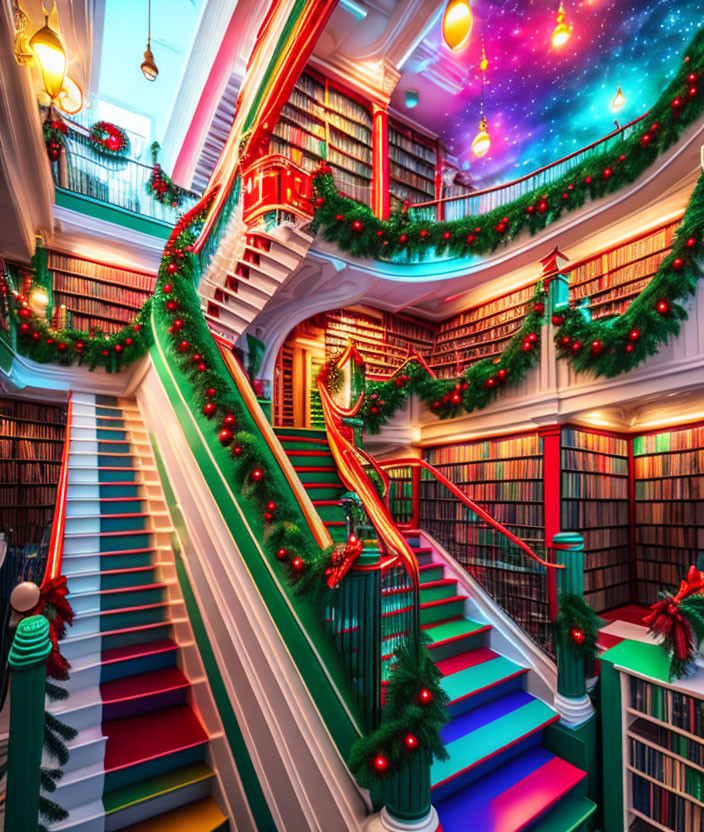 Festive Library with Grand Staircase and Cosmic Ceiling