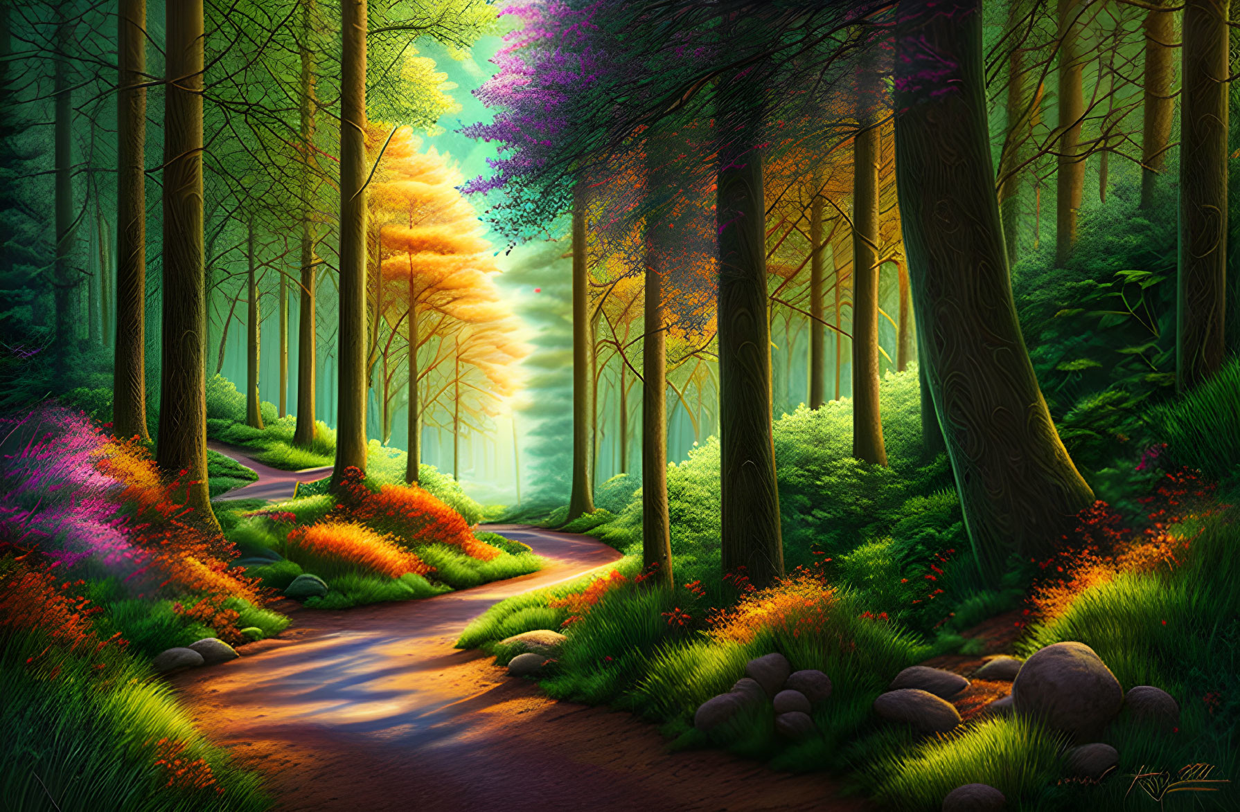 Colorful Digital Artwork of Magical Forest with Winding Path