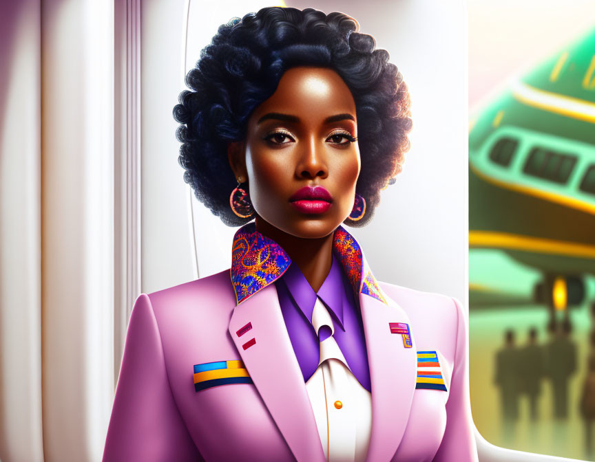 Digital artwork of a woman in colorful flight attendant uniform with vintage hairstyle at airport.