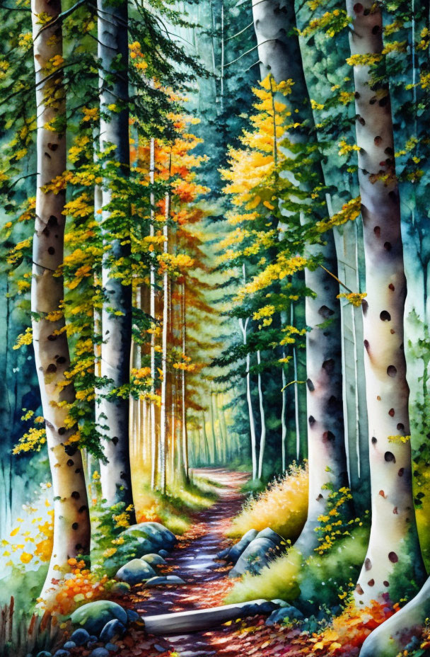 Colorful Watercolor Painting of Autumn Forest Path