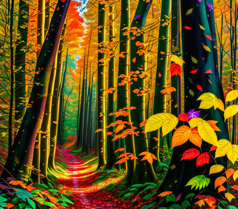 Colorful Autumn Forest Path with Sunlight Filtering Through Trees