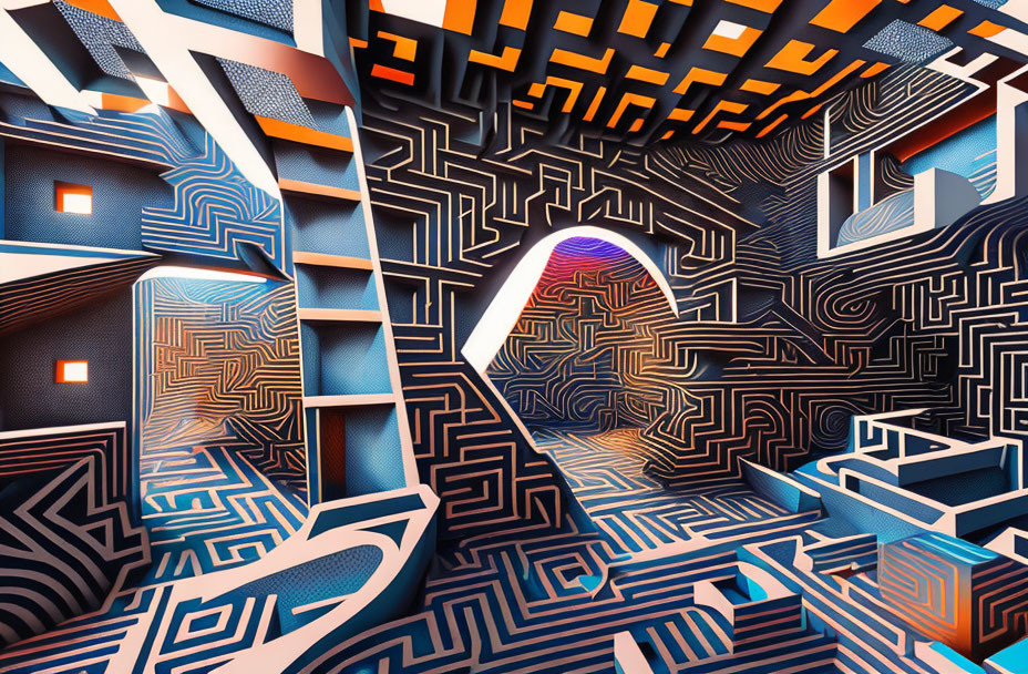 Colorful Geometric 3D Maze with Glowing Archway