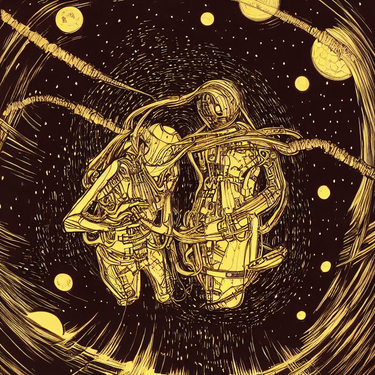 Astronauts floating in space with stars and planets in monochrome sketch art