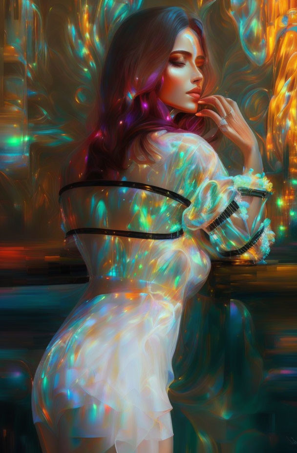 Iridescent woman in colorful, glowing environment