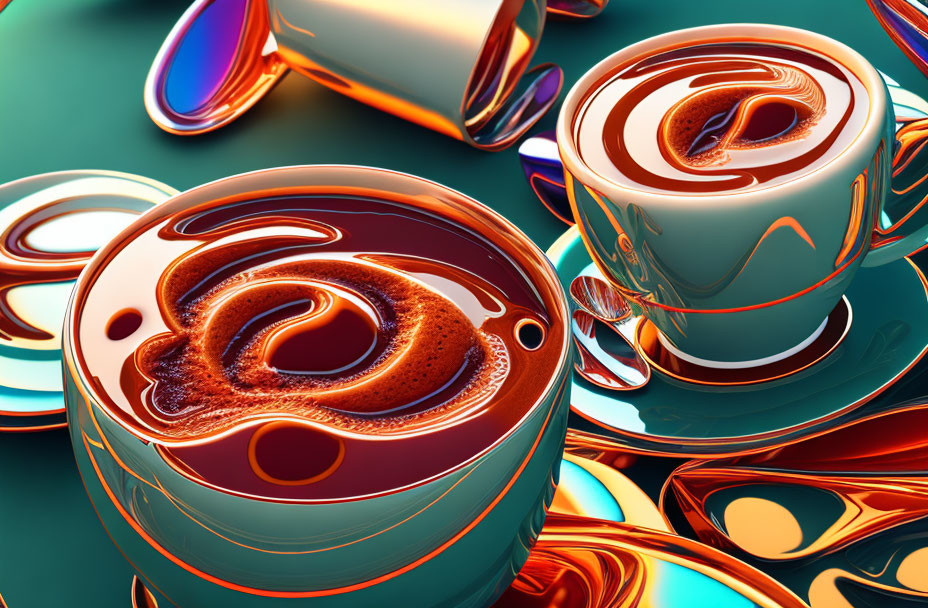 Surreal 3D Artwork: Twisted Cups & Liquid Patterns on Aquamarine Surface