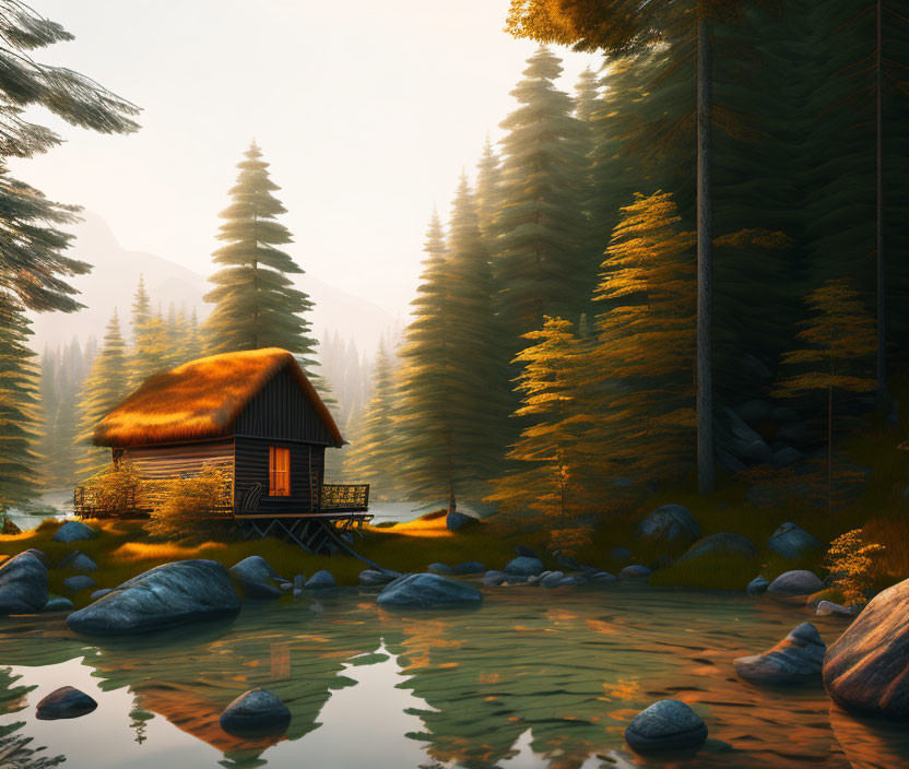 Tranquil cabin by lake with pine trees in golden light