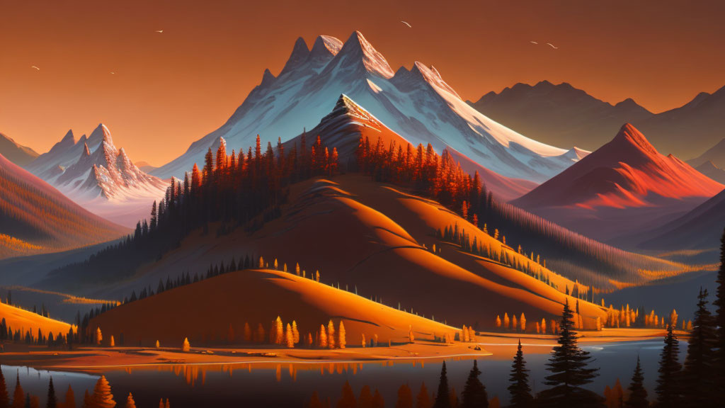 Snow-capped Mountains and Sunset Reflections in Calm Lake